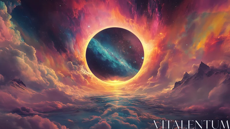 Cosmic eclipse portal ignites a sky of dreamfire clouds.