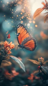 Monarch butterfly rests on glowing flower in soft bokeh garden