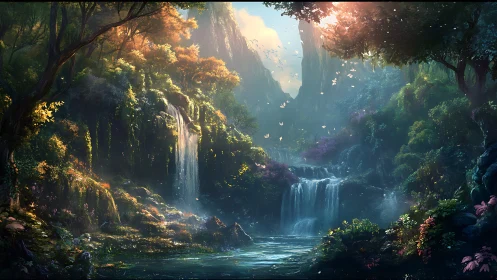 Enchanted terraced waterfalls cascade through a luminous forest