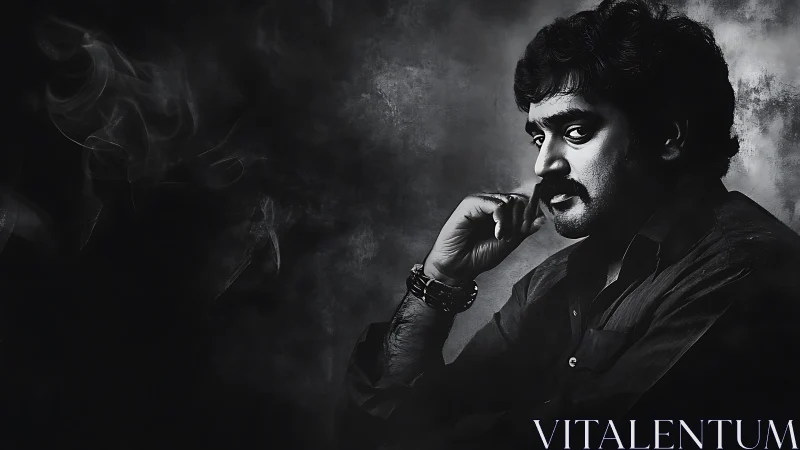 Thoughtful man rests in dramatic black and white shadows