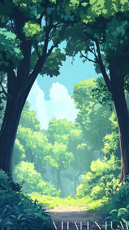 Forest pathway framed by deciduous trees with open sky.