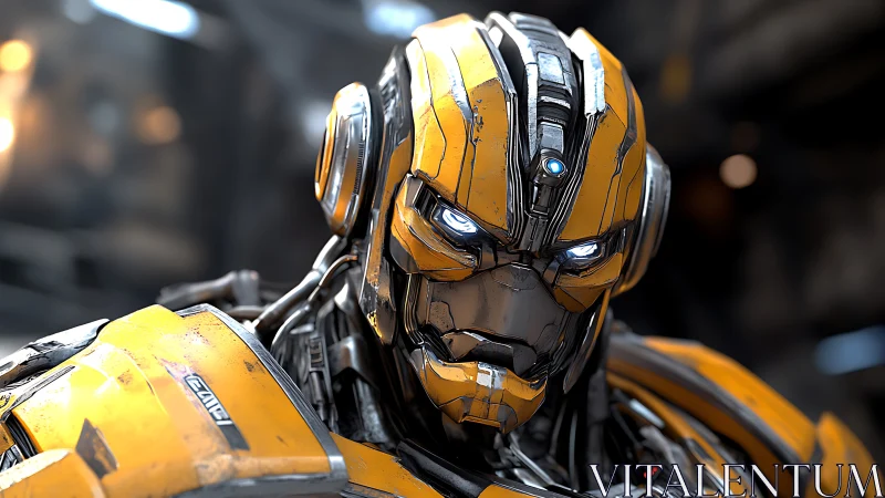 Yellow combat android portrait with illuminated cybernetic armor.