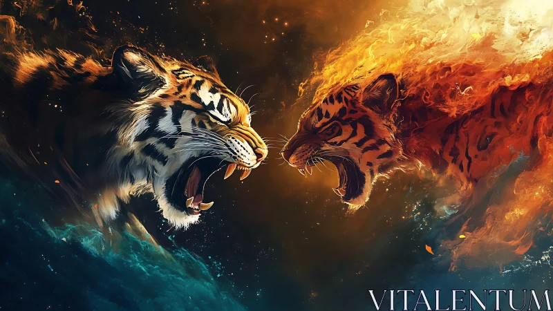 Tiger Confrontation: Fire and Ice Elemental Clash.