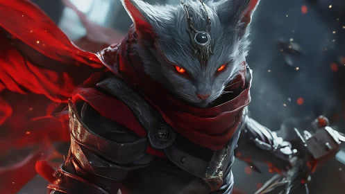 Armored feline warrior with glowing eyes in dynamic red cloak
