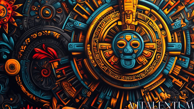 Radiant Aztec sun disk with intricate neon relief patterns.