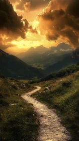 Mountain valley path under dense golden sunset clouds.