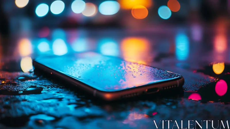 Neon rain drapes a forgotten smartphone in electric twilight.
