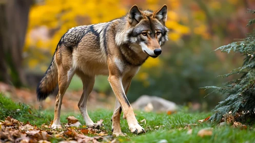 Wild wolf standing alert in an autumn forest setting.