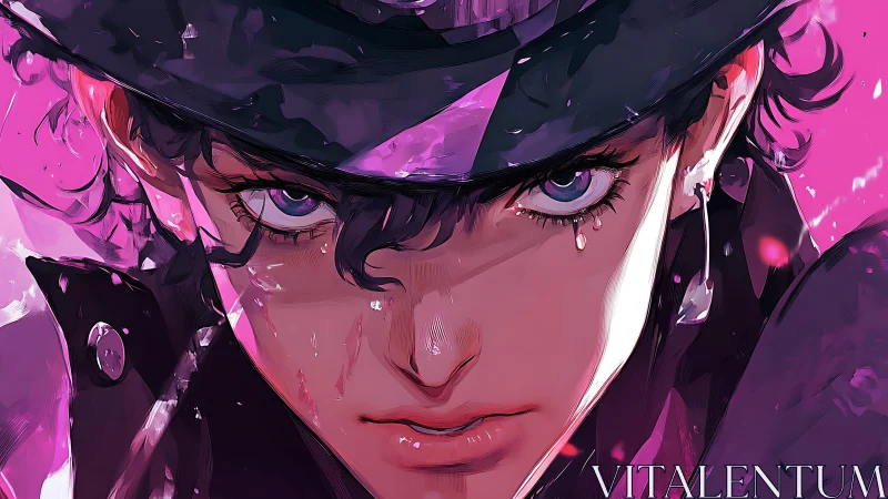 Storm-eyed rebel under neon rain, gaze sharpened to steel.