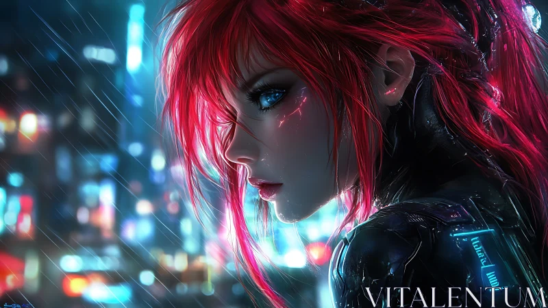 Cybernetic red‑haired operative in neon‑lit rain with reflective armor
