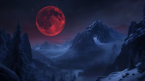Red moon over dark winter mountains and frozen valley.