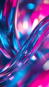 Curved transparent tubes reflect neon magenta and cyan bokeh light