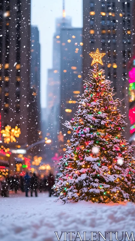 Snowlit city Christmas tree with colorful festive bokeh.