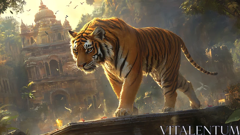 Temple-roaming tiger monarch over sun-dusted jungle ruins.