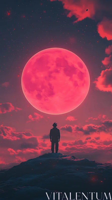 Silhouetted figure on ridge under oversized neon magenta moon