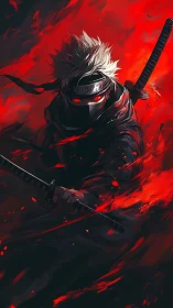 Masked swordsman holds dual katanas in red fiery motion
