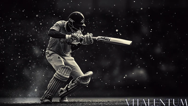 Cricket batsman holds defensive stance under drifting particles