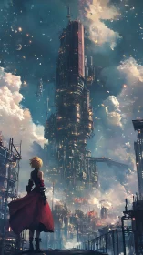 Lone warrior surveys towering cyberpunk megastructure skyline.