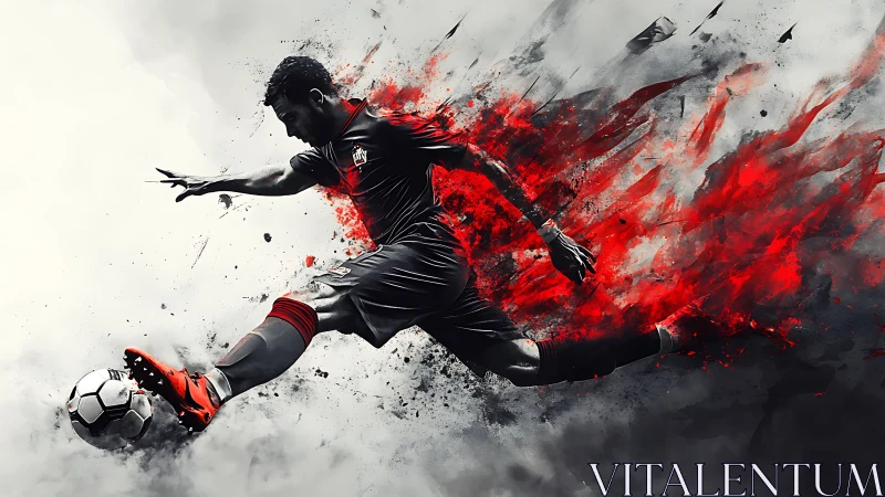 Dynamic footballer strikes ball amid explosive red energy.