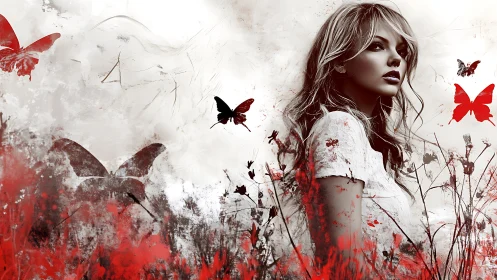 Pensive woman stands amid red butterflies in a dreamlike haze