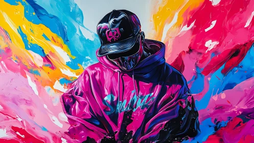 Neon streetwear figure explodes through abstract color field.