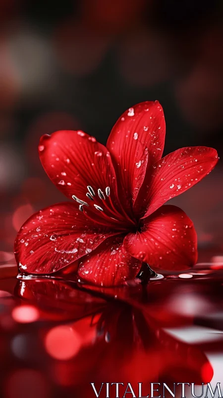 Red amaryllis macro floats on reflective liquid surface