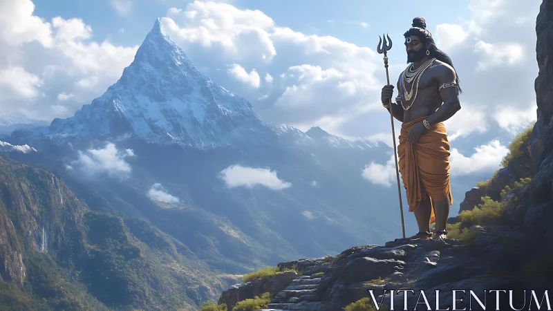 Mountain godlike guardian overlooks misty Himalayan valley.