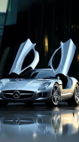 Sleek silver sports car poised with open gullwing doors.