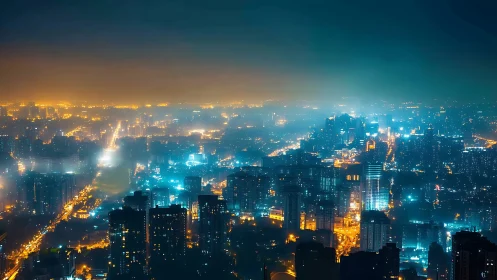 Midnight city glow where mist, towers, and roads converse.