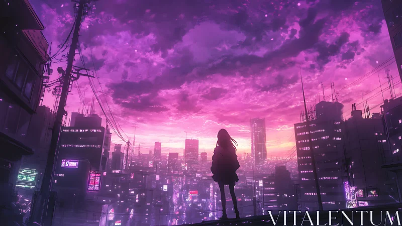 Silhouetted girl contemplates a neon city beneath violet skies