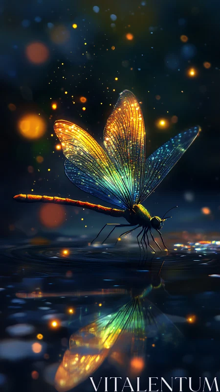 Luminous dragonfly hovers over water in glowing twilight.