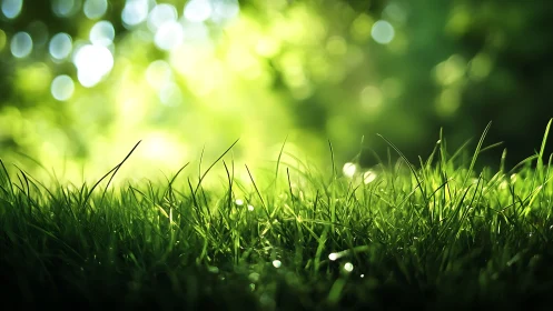 Fresh green grass in sunlight with soft bokeh, nature background.