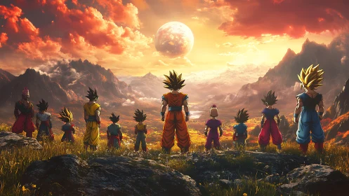 Saiyan warriors face blazing cosmic sunset over valley