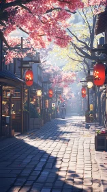 Digital painting of cherry blossom street with lantern-lit perspective.