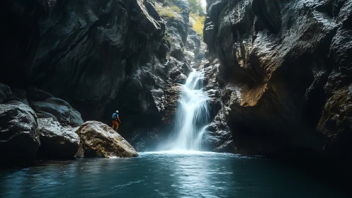 Hiker observing waterfall in narrow rocky canyon pool.