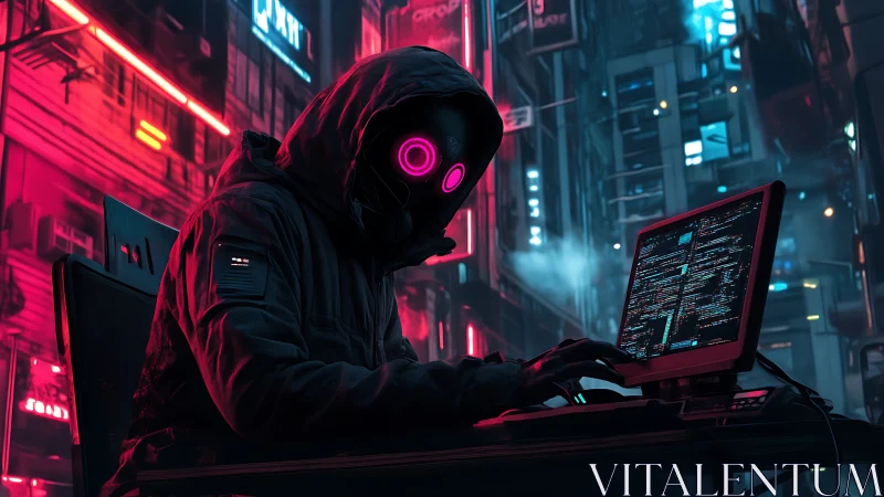 Cyberpunk coder in neon alleyway with glowing mask.