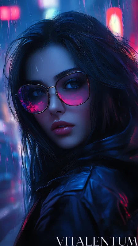 Neon-illuminated cyber noir portrait with reflective optics.