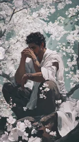 Man seated among blossoming branches in quiet reflection.