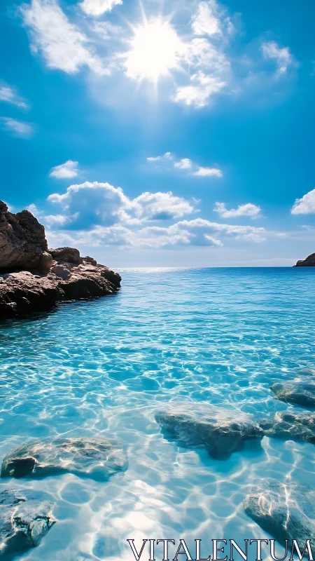 Sunlit cove sparkles with clear turquoise water and calm rocks