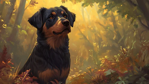 Black and tan dog in sunlit forest with autumn foliage.