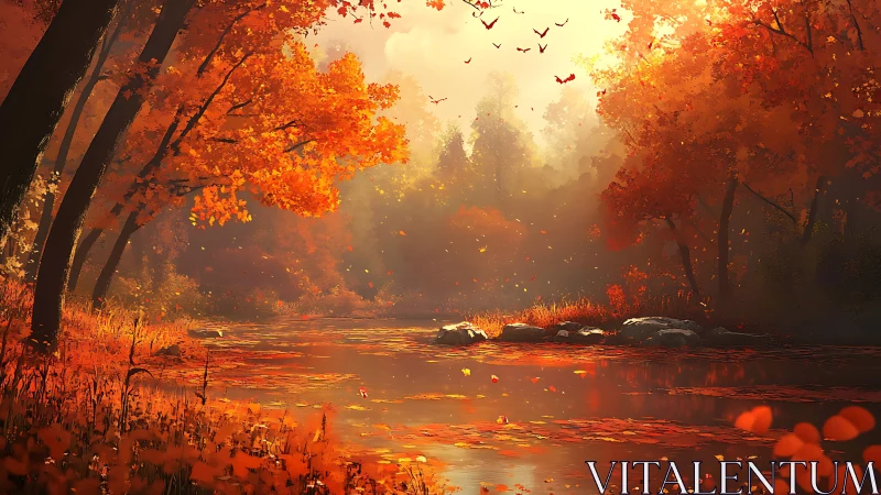 Autumn forest river landscape with dense orange foliage.