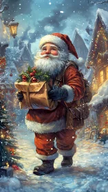 Santa Claus carries parcel through snowy village street