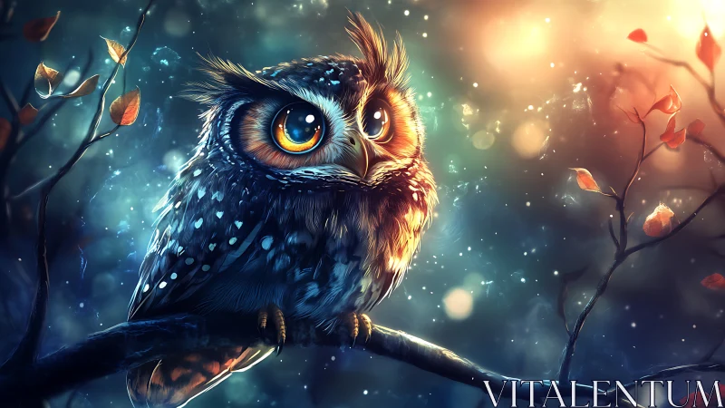 Enchanting Owl Illustration with Glowing Eyes in Magical Forest.