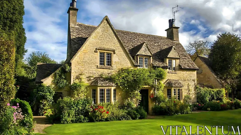 Sunlit Cotswold stone cottage with manicured English garden foreground