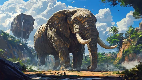 Gentle stone giant wandering a lush floating island valley.