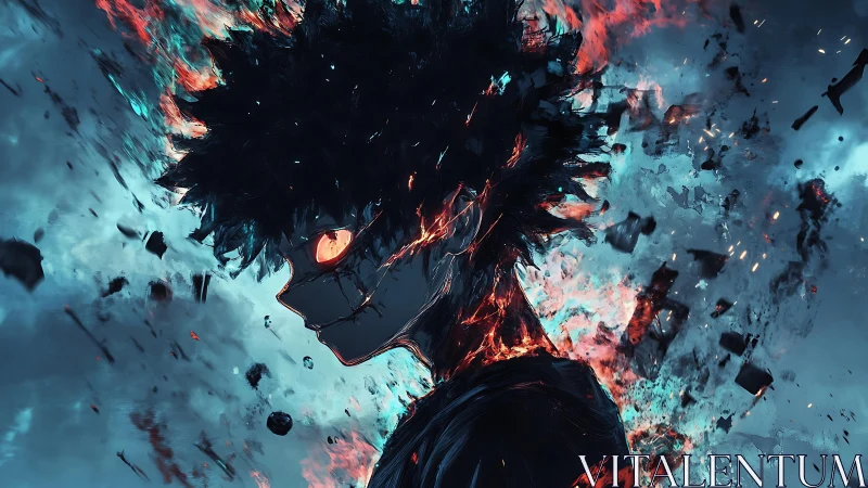 Brooding anime hero burns against a storm of shattered sky