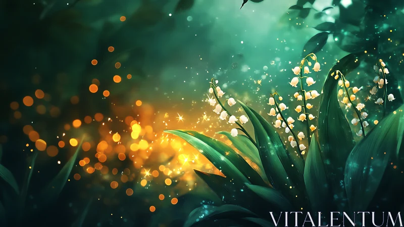 Lily of the valley flowers glow amid blurred forest lights
