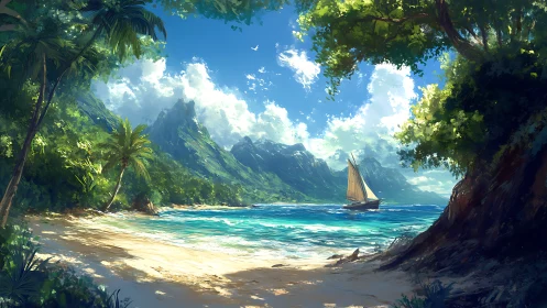 Tropical beach cove with sailboat and mountain landscape.