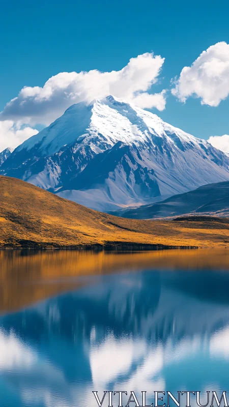 Snow-covered mountain is reflected in a calm alpine lake