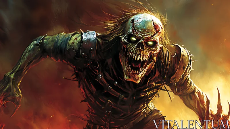 Fiery skeletal warrior charging through a storm of chaos.